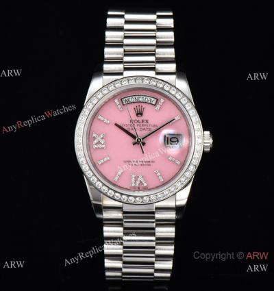 Swiss Replica Rolex Day-Date 36mm 904L CS Cal.3255 Watch Diamond Bezel Pink opal Dial